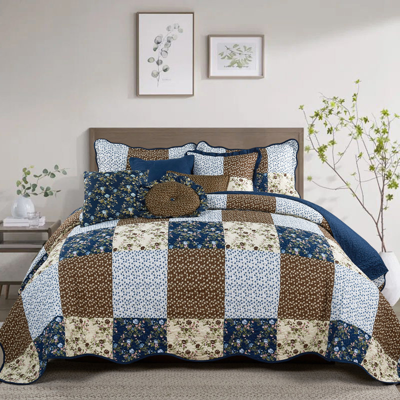 8 Piece Patchwork Bedspread Set, Dark Blue, King Quilt + 4 Shams + 3 Throw Pillows