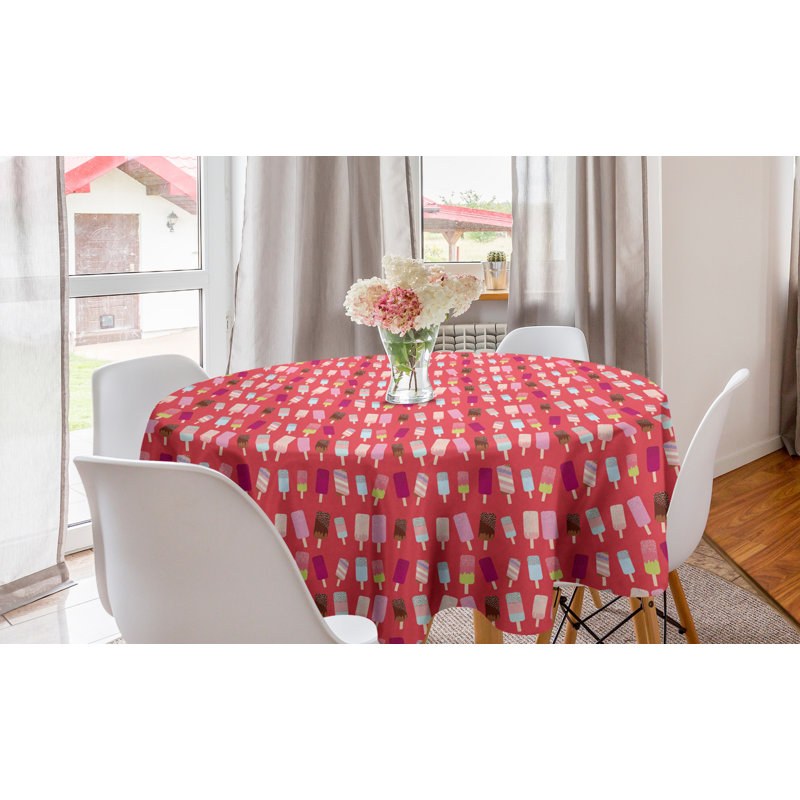 Ambesonne Ice Cream Round Tablecloth, Funny Summer Pattern With Continuous Ice Lolly Popsicles, Circle Table Cloth Cover For Dining Room Kitchen Decoration, 60", Dark Coral Multicolor