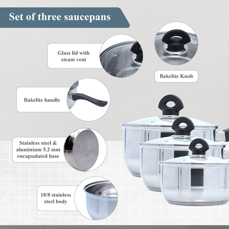 Buckingham 3 Piece Stainless Steel Saucepan Set Bakelite Handle with Glass Lids