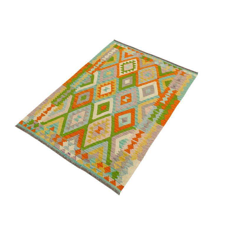 Tapis géométrique bleu orange en laine fabriqué à la main 4 pi x 5 pi 8 po Kemya