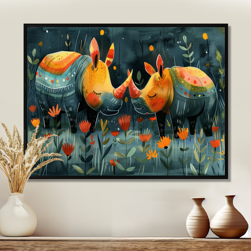 Terrina - Rhinocéros, art mural animal, Cadre flottant noir, H 12 po x l 20 po
