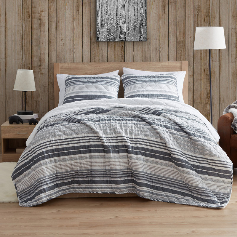 Gray/Black Microfiber 3 Piece Quilt Set, Queen Quilt + 2 Standard Shams