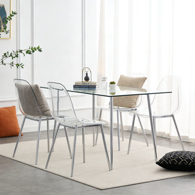 Set Of 4 Transparent Acrylic Dining Chairs With Ergonomic Curved Back, Modern Crystal Side Chair With Golden Metal Legs