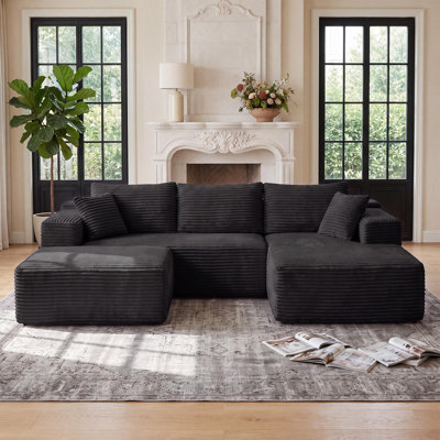 Modern U Shaped Sectional Sofa Couch with Double Chaise & Ottoman, Corduroy 30D Compressed Sponge Sofa Set, No Assembly Required Comfy Sofa for Living Room, Apartment