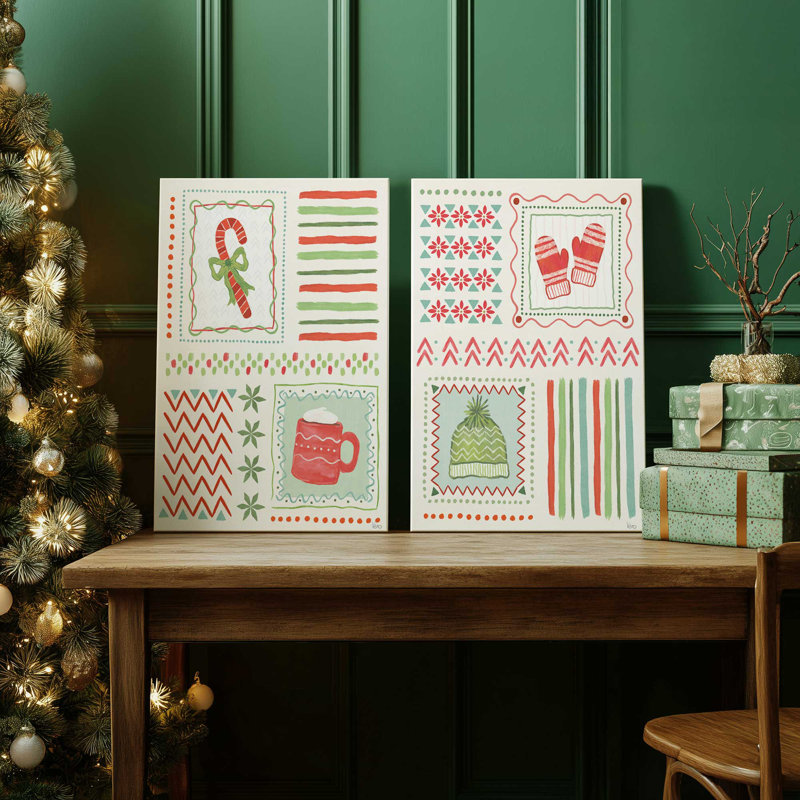 Cozy Winter Patchwork, ensemble de 2 impressions sur toile, Impression encadrée sans passe-partout, Noir satiné