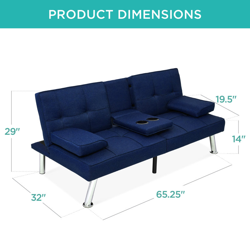 Latsia Modern Linen Convertible Futon Sofa Bed w/ Removable Armrests, Metal Legs, Cupholders, Dark Blue