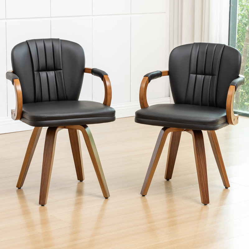 Mid Century Modern Leather Upholstered Swivel Dining Chairs With Arms, Black