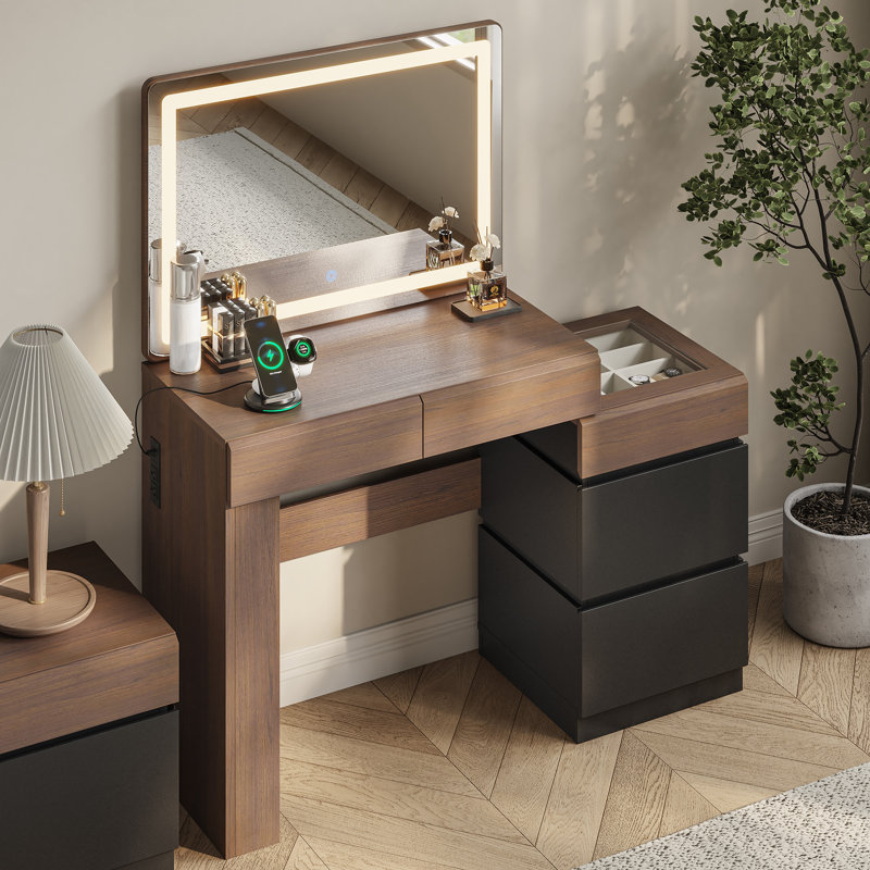 Makeup Vanity Table With Led Mirror, 5 Drawers, Power Outlets & Jewelry Organizer, Small Vanity Desk For Apartment, Bedroom