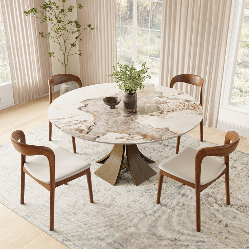 Aversa Modern Round Dining Table, Sintered Stone & Travertine Top | Solid Wood Base, 1-Step Easy Assembly For Dining Room