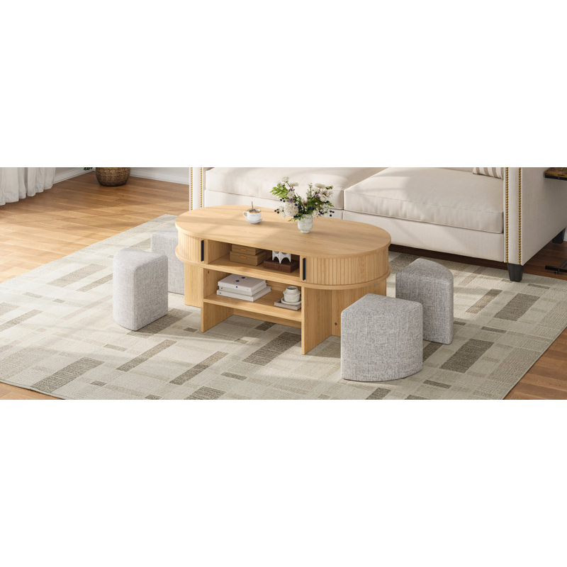Table basse ovale multifonctionnelle avec rangement et 4 tabourets gigognes en tissu