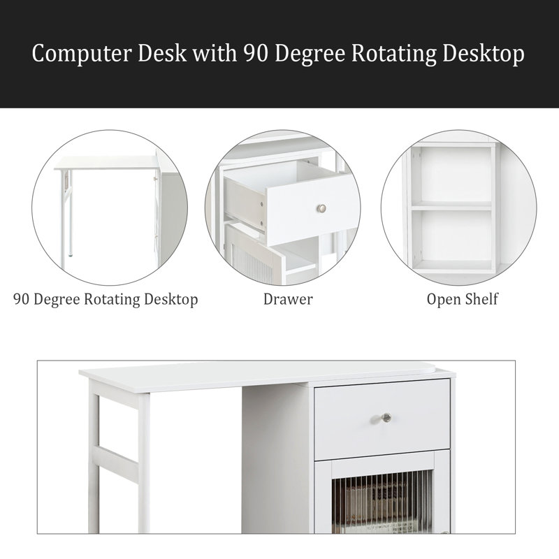 Bureau d'ordinateur avec porte en verre pour bureau à domicile ou bureau d'étude, bibliothèque et huche, bureau d'ordinateur avec bureau rotatif à 90 degrés, grand espace de travail