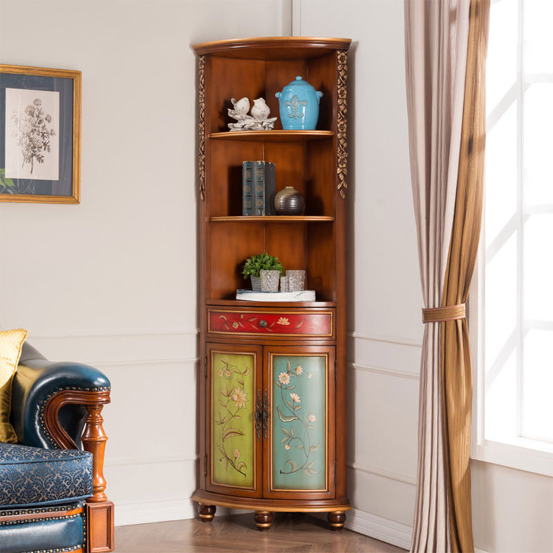 Rustic Hand-Painted Floral Corner Cabinet, Solid Wood Freestanding Tall Display Shelf with 2 Doors & Drawer, Traditional Accent Storage Cabinet for Living Room, Entryway & Dining Room