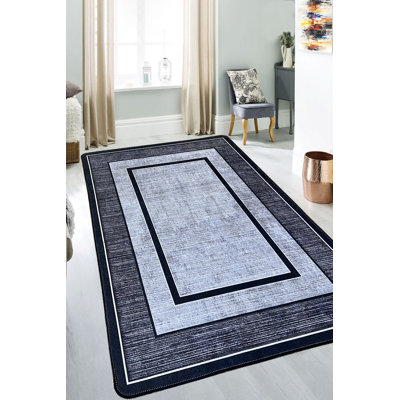 Stylish Area Rug, 100% Polyester, 4.6 x 6.2 Feet | Antibacterial, Non-Slip Underside, Machine Washable | Pile Height: 0.4 Inches, 700 g/m² | Elegant Black, Navy Blue & White Design for Living Room & Bedroom