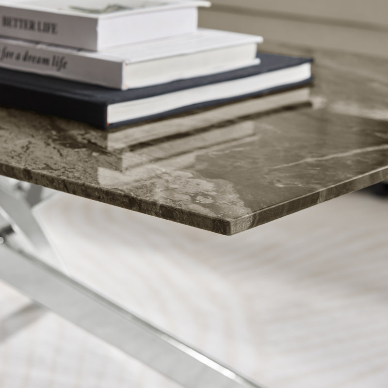 Lenworth Marble Effect Coffee Table - Glass Topped Metal Leg Centre Table, Grey, Silver