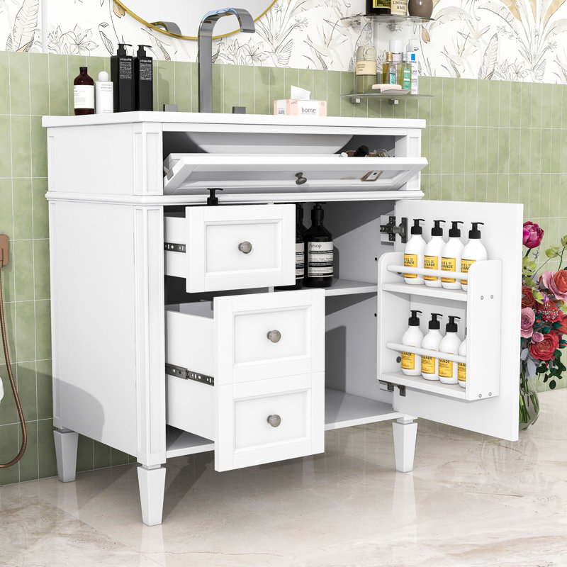 30-Inch Bathroom Vanity with Ceramic Top, Soft-Close Door Cabient and 3 Drawers, White