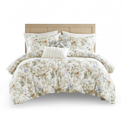 5 Piece Cotton Sateen Print Duvet Cover Set 