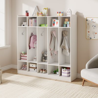 Casier à 5 sections pour enfants avec 10 casiers et crochets, organisateur de rangement pour la garderie, blanc