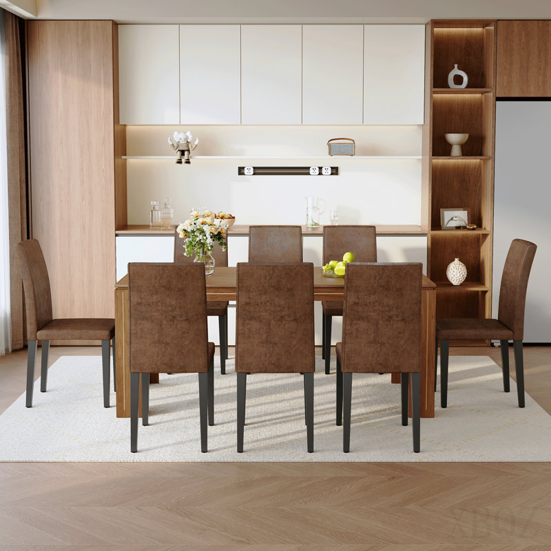 Table And Chair Set. 71 × 31.5 Inch Walnut Wood Grain Dining Table, Paired With A Set Of 8 Brown Technology Fabric Dining Chairs. 1 Table, 8 Chairs, Home Dining Table And Chair Combination.