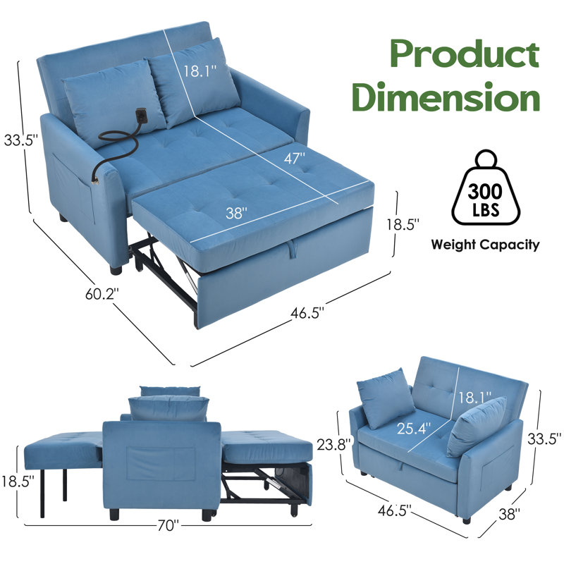 46.5“ Upholstered Pull Out Sleeper Sofa, Modern Convertible Loveseat Bed with Phone Holder & Side Pockets, Blue