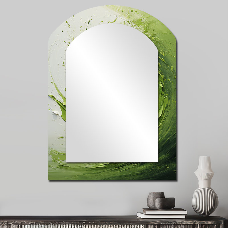 Green and white whsipering abstract spiral  V - Abstract Spirals Arch Unique Wall Mirror Decor, Green Asymmetrical Large Mirror, Printed Metal Art