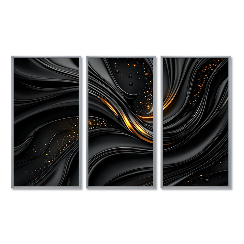 Quantum noir et feuilles dorées I - ensemble de reproduction d'art abstrait fractal mural, H 40 po x l 60 po, Argent argent