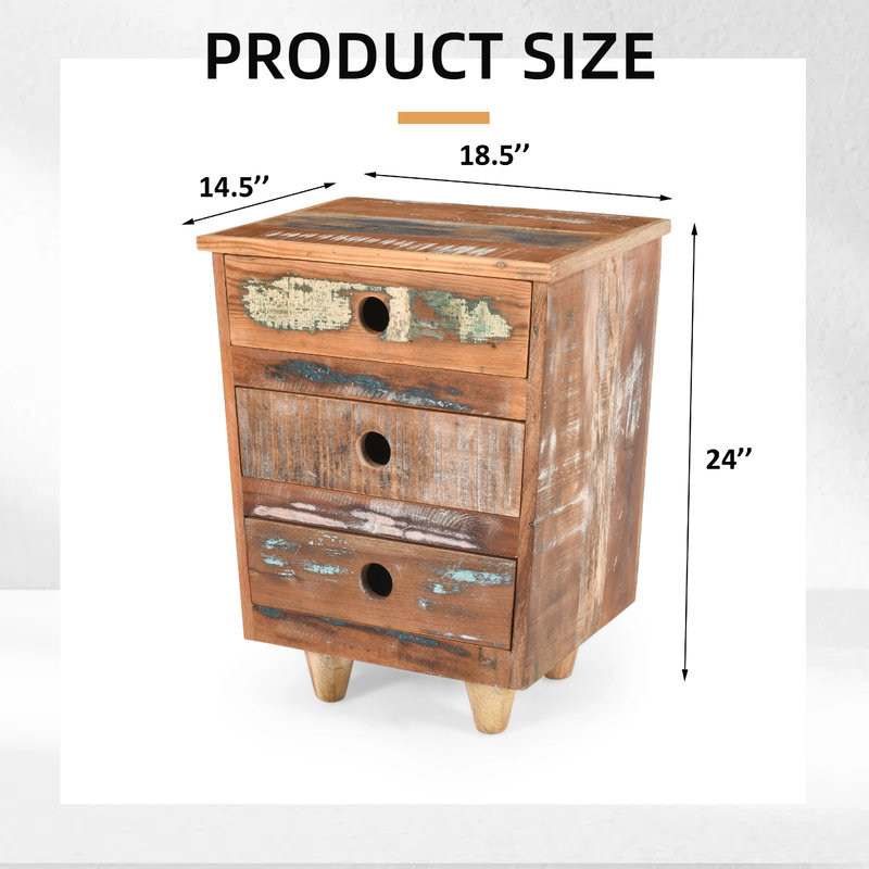 Reclaimed Wood Nightstand with 3 Drawers, Fully Assembled Rustic Side Table