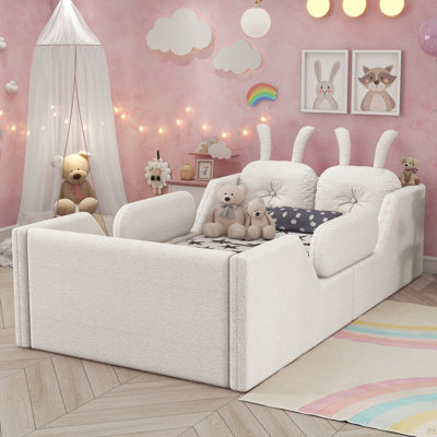 Très grand lit plateforme tapissier, beige