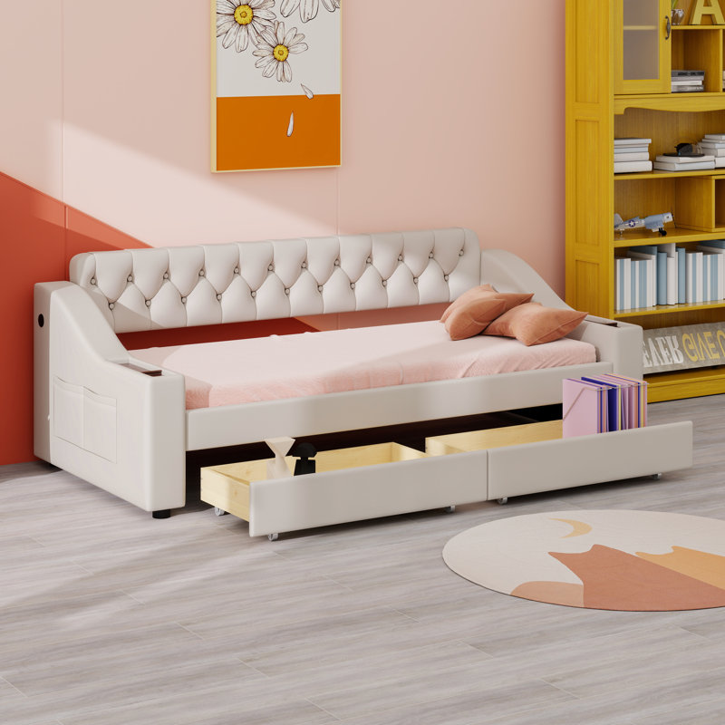 Lit de jour rembourré avec tiroirs, accoudoirs de rangement et port USB, Beige