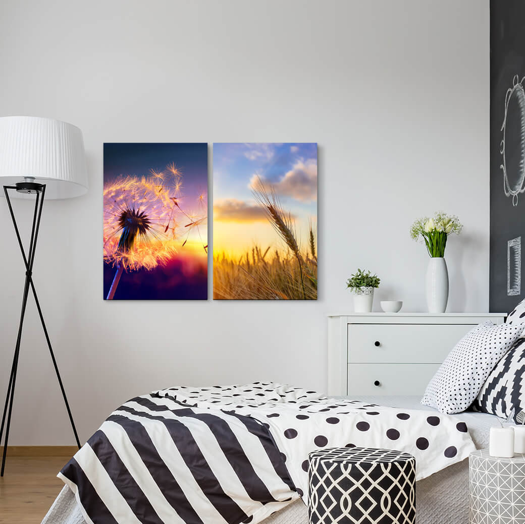 2-tlg. Leinwandbilder-Set - Fotografie „Dandelion Wheat Cornfield Summer Sunset Relaxing”