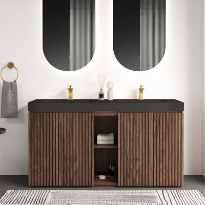 Meuble-lavabo avec lavabo, grand meuble-lavabo autoportant avec rangement pour salle de bain moderne, lavabo double en quartz noir une pièce sans drain ni robinet