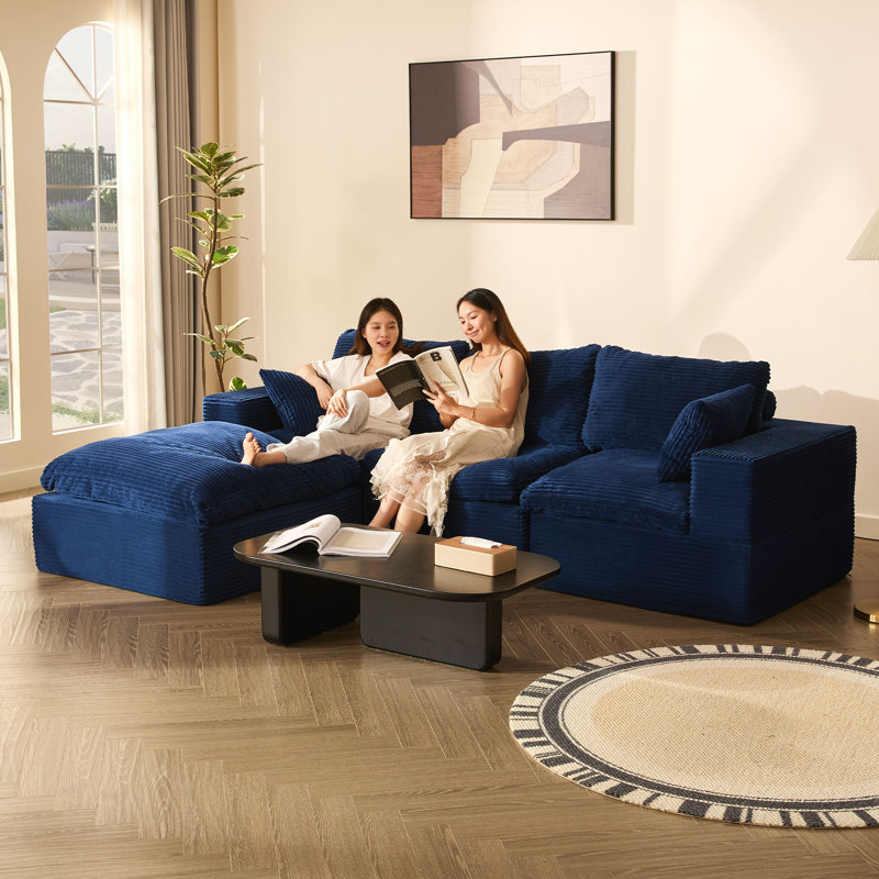 3-Seater L-Shaped Modular Sofa Bed with Ottoman, Corduroy Upholstered Foam Couch for Living Room, Navy, 268cm-3L