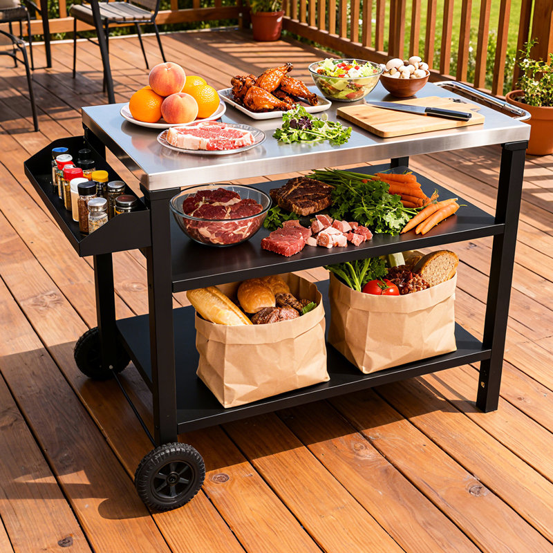 3 chariot de barbecue extérieur noir avec plateau en acier inoxydable et tablette latérale, table de préparation de barbecue mobile sur roulettes, barre de service roulante pour la cour arrière, conception rouillée, espace de rangement amélioré, lisse