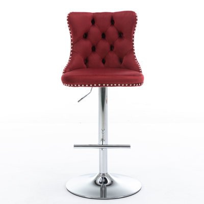 Burgundy Adjustable Height Swivel Metal Pedestal Bar Stools with Footrest
