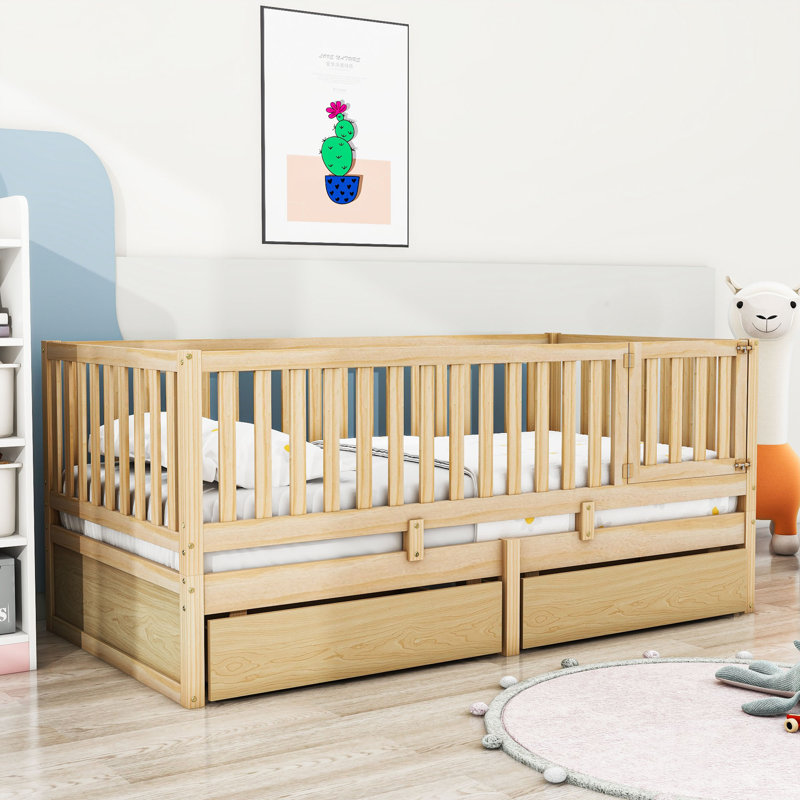Wood 2 Drawers Floor Bed with Guardrails, Natural, Twin
