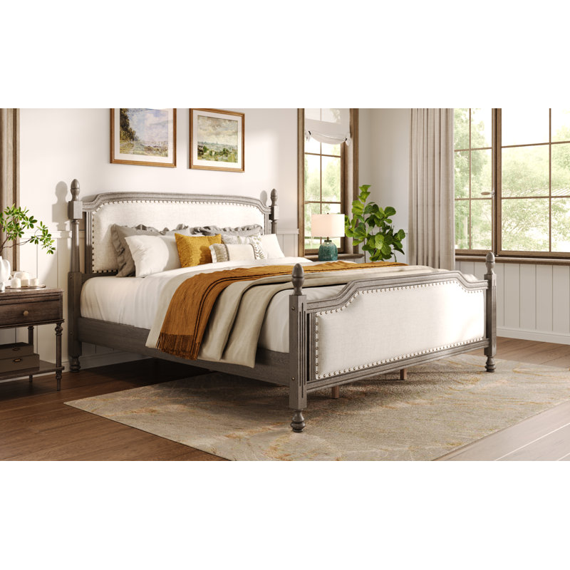 Lit plateforme tapissier Aveloire Classic, Grand lit, Beige et gris bois flotté