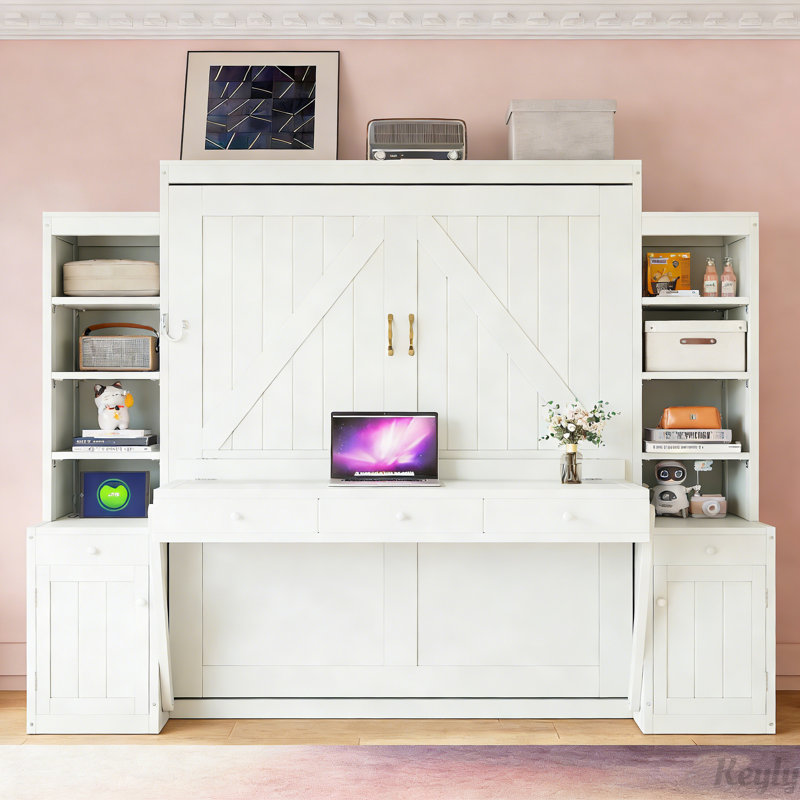 Grand lit escamotable avec bureau et rangement, lit mural en bois peu encombrant avec armoires et tiroirs, brun foncé, Blanc