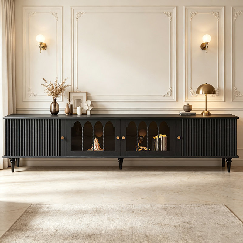 Meubles télé rétro en bois massif noir, 86.61, Black