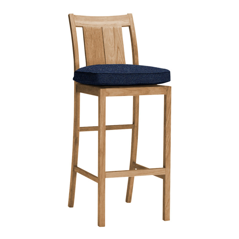 Croquet 24.5" Patio Bar Stool with Cushion, Welt, Natural Teak, Intermix Indigo