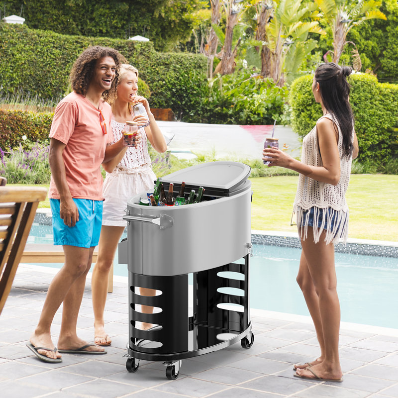 70QT Oval Freezer Patio Cooler Cart, Silver
