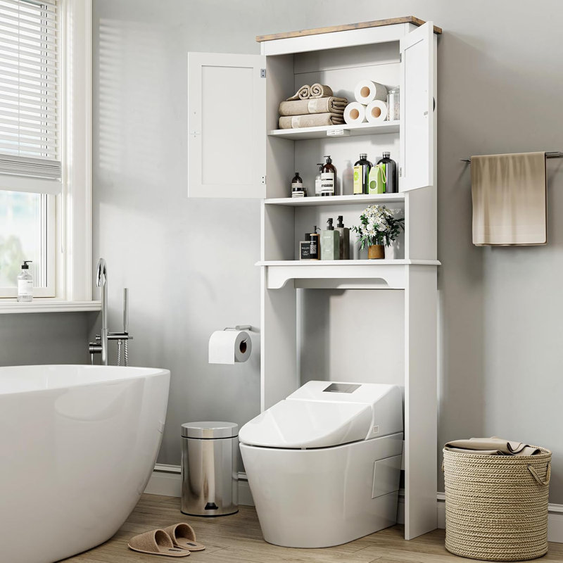 Over The Toilet Storage Cabinet, 66''H Bathroom Space Saver Organizer With Double Doors & Adjustable Shelves Free Standing Toilet Shelf For Small Bathrooms, Easy Assembly