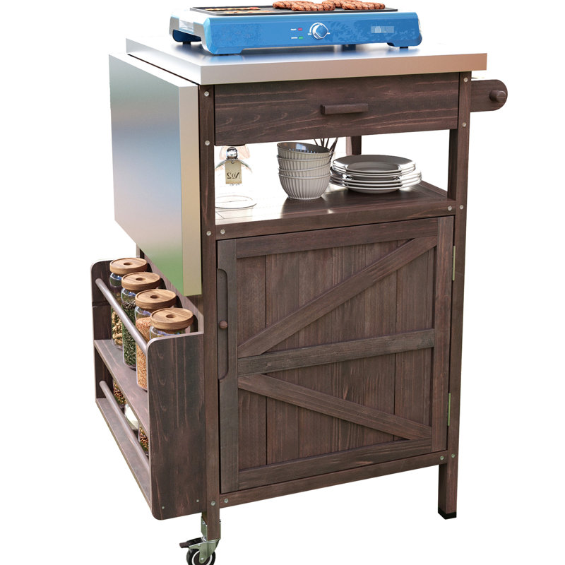 Chariot de barbecue extérieur de 40,5 po avec plateau en acier inoxydable, rangement en bois de sapin massif, abattant, tiroir, étagère à épices, crochets en S, ouvre-bouteille, roulettes verrouillables pour structure brune, rangement sur pelouse rotative à 360 °
