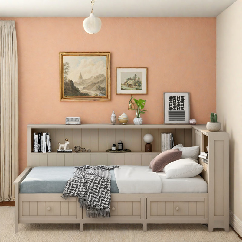 Lit de jour en bois avec tablettes de rangement, portes coulissantes et 3 tiroirs, Lit simple