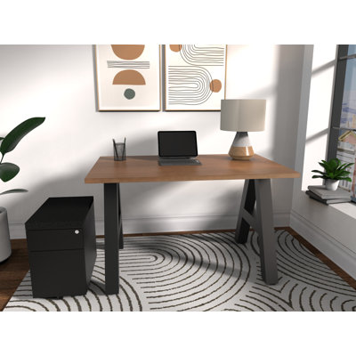 Serenity Modern A-Frame Executive Writing Office Desk, with Cushion Top Mobile Storage, 48x30, Walnut Strand Top