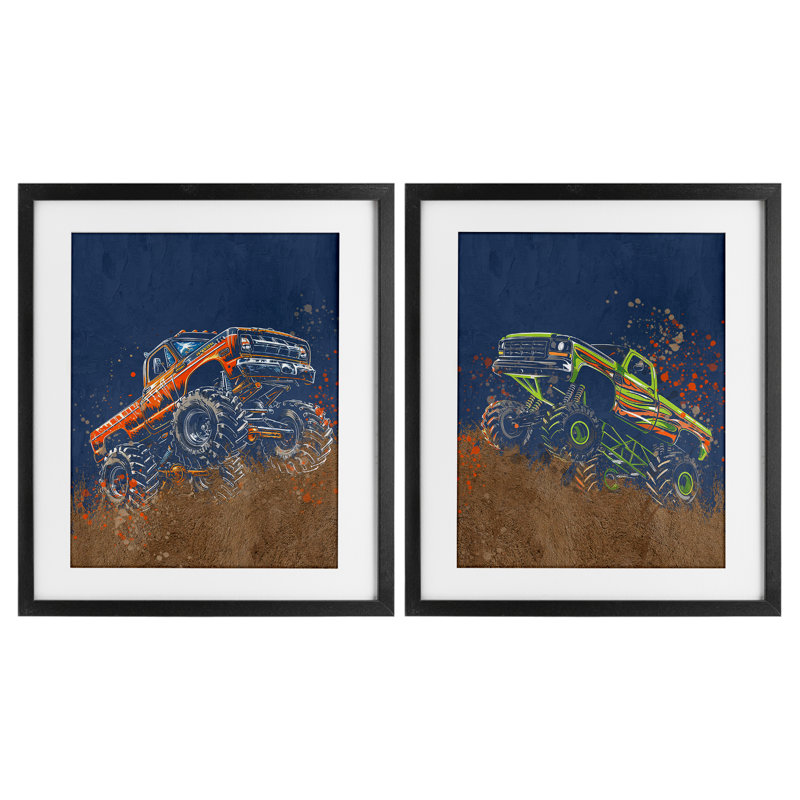 «Monster Truck Jam», ensemble de 2 impressions encadrées sous verre, design par Kim Allen, Cadre noir minuit
