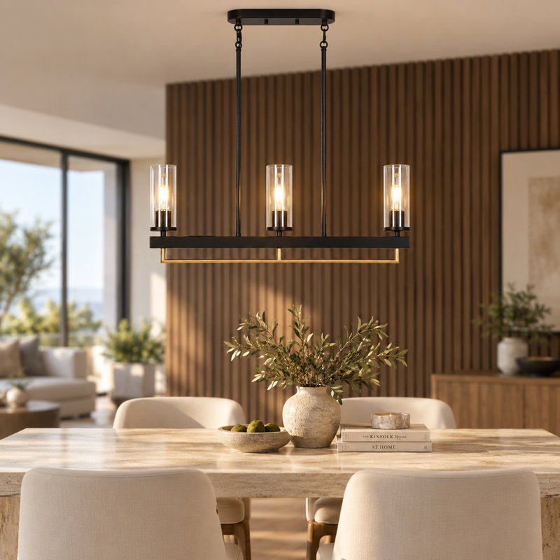 Suspension linéaire moderne à 3 lumières avec finitions noire et or foncé, îlot de cuisine