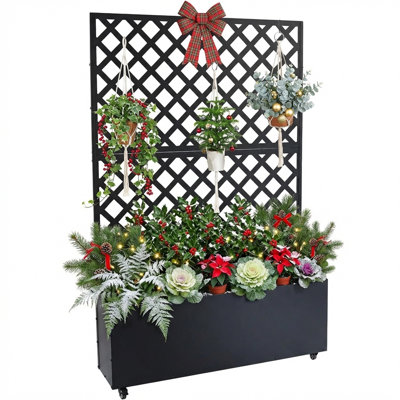 Metal Planter Box with Trellis, 70.87"x46.46"x11.81" Raised Garden Bed with Trellis & Wheels, Outdoor Garden Box with Privacy Screen & Drainage Holes for Climbing Plants Flower Vegetable