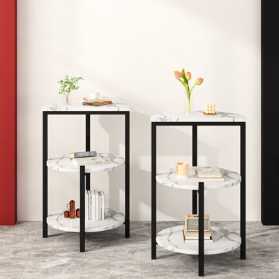 3-Tier End Table Living Room Set Of 2, Modern Style Faux Marble Side Table With Metal Frame And Soft Rubber Foot Pads, Small Nightstand Bedside Table 2 Pieces Set