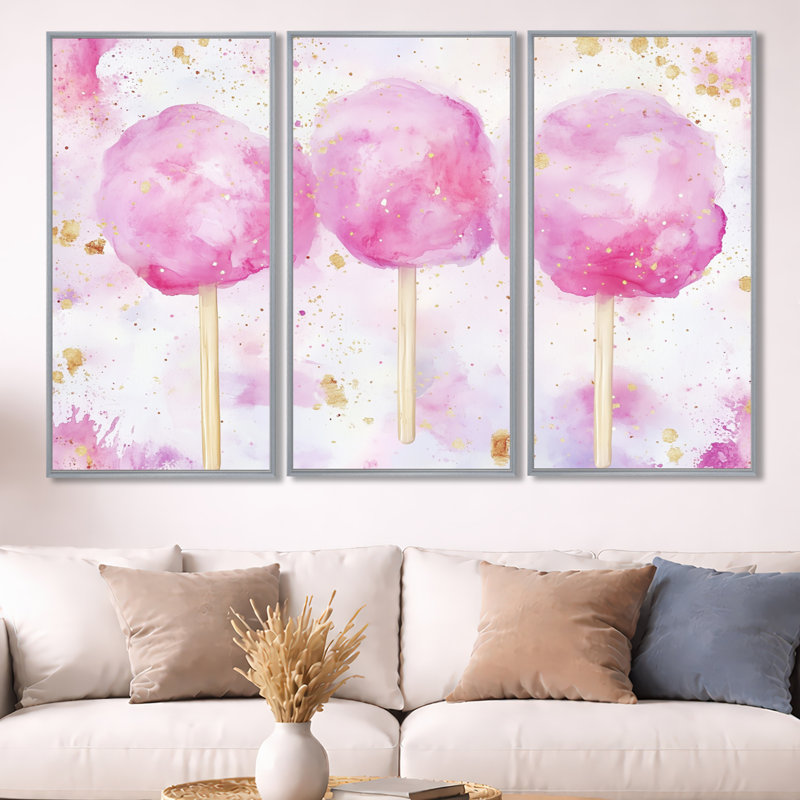 Viso III - cirque rétro rose, impression sur toile 3 pièces, H 40 po x l 60 po, Encadrement argenté