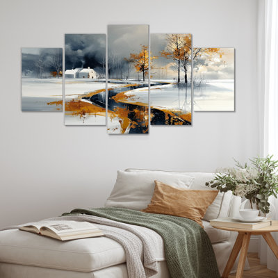 Gold And White Frosted Road In Winter II - Winter Landscape Wall Art Living Room Set