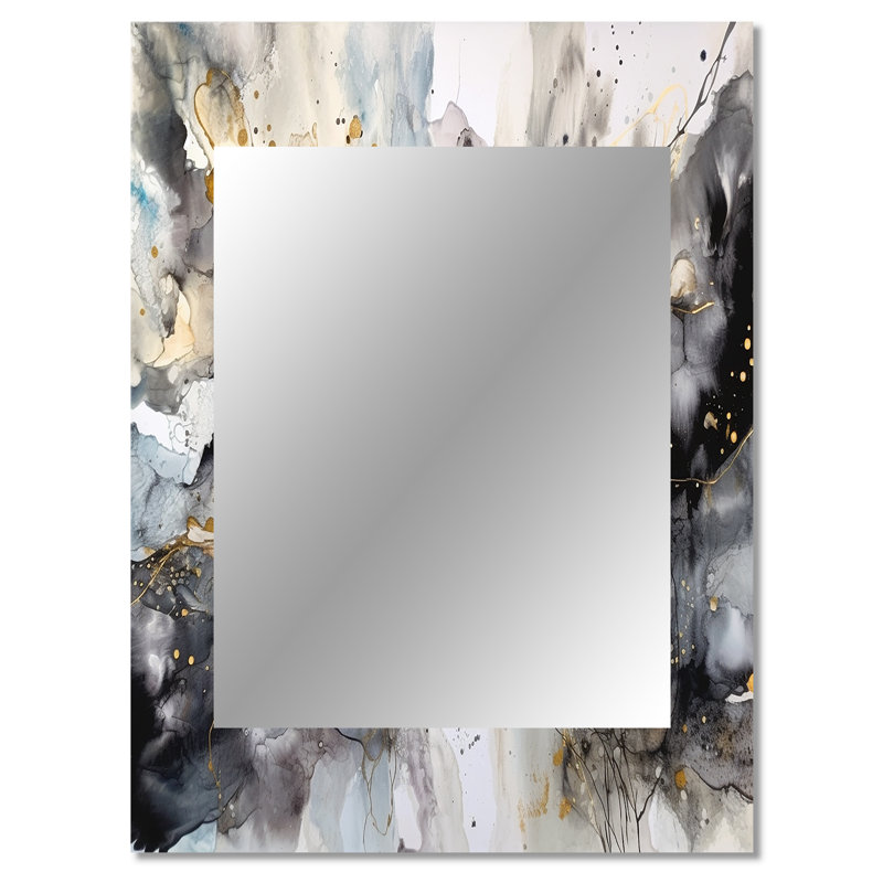 Grey Gold Delicate Abstract Brushstrokes II - Abstract Decorative Mirror On Metal, 40" x 30"